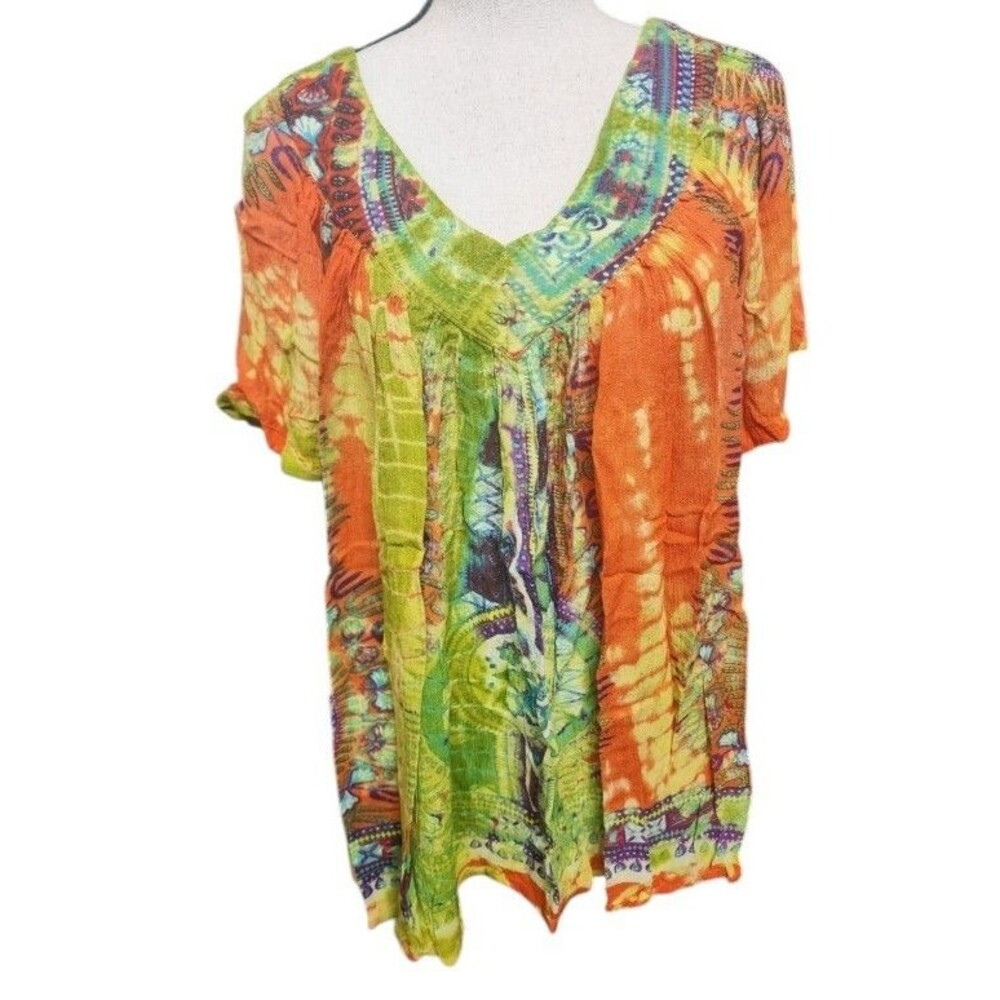 Sacred Threads Hippie Peasant Blouse FREE SIZE Colorful Gauze Tie-Dye